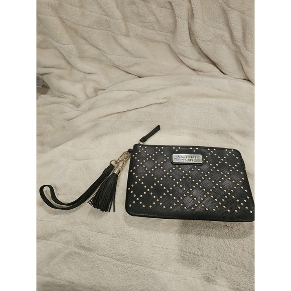 Victoria Secret Black Gold Studded Wristlet Clutch Purse Pouch Tassel Fob K067 - Picture 1 of 9
